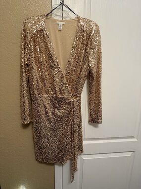 Gold Sequin Wrap Mini Dress